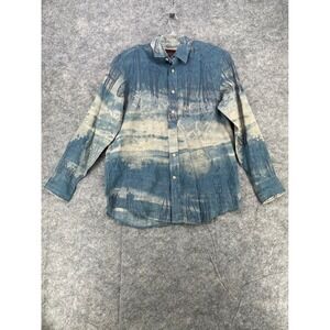 Indigo Palms Linen Shirt Men Small Blue Batik Print Button Tommy Bahama Beach